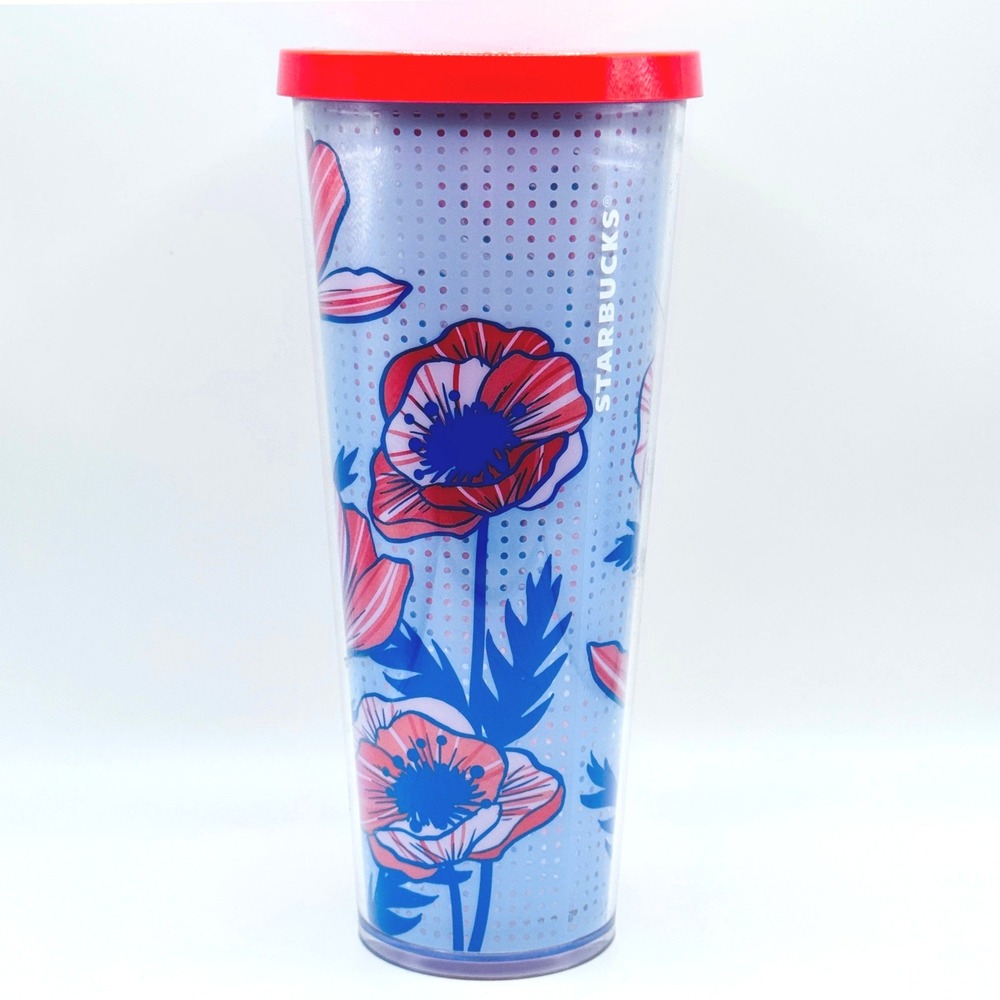 Starbucks Poppy Floral Cup Tumbler 24oz Blue Polka Dot Venti Acrylic Cold 2017